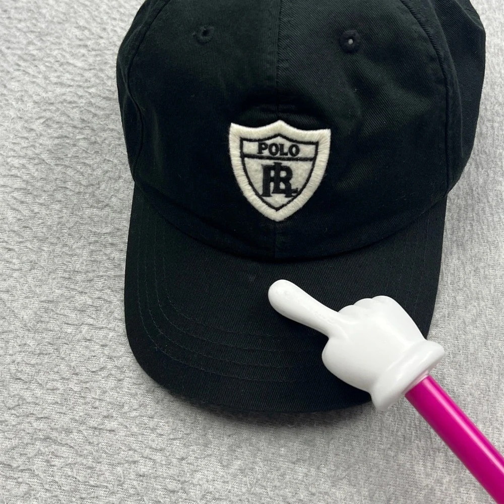 VTG Polo Ralph Lauren Shield Hat Adult Black Canvas Patch Crest Logo Strapback